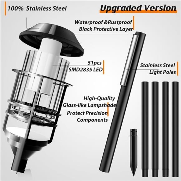 Solar Outdoor Lights Solar Torches Extra-Tall Stainless Steel Flickering - Picture 2 of 7